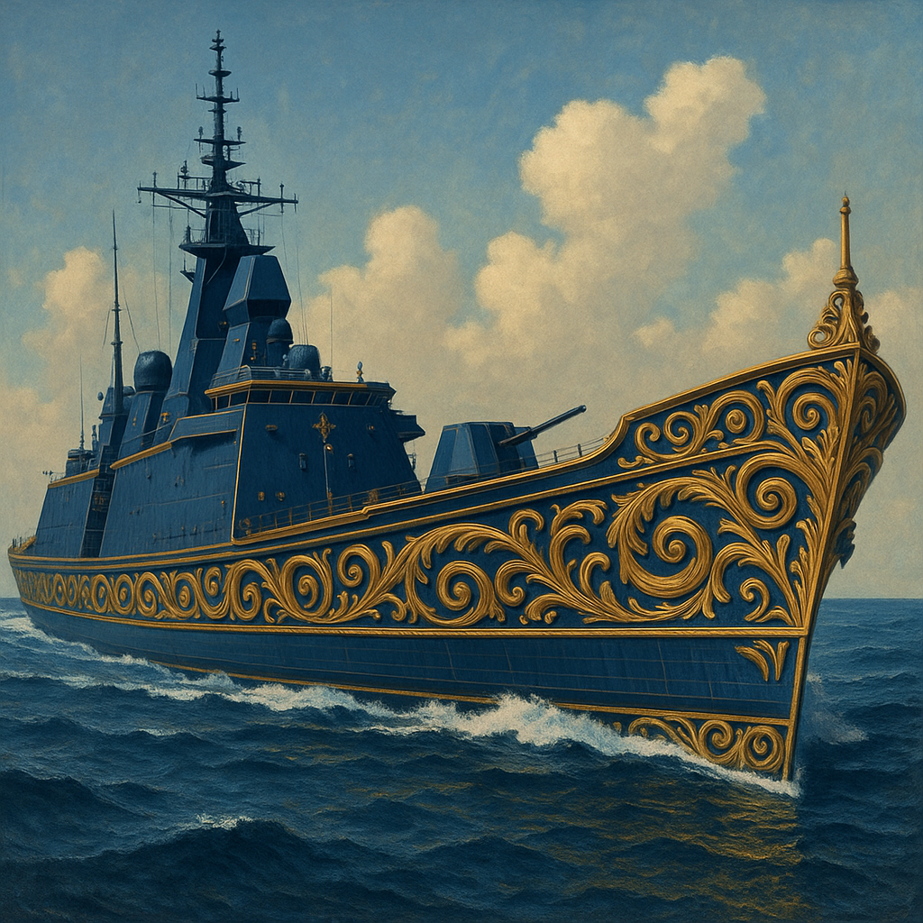 une image d'un navire bleu et doré