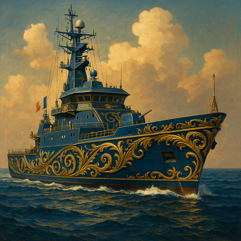 une image d'un navire bleu et doré