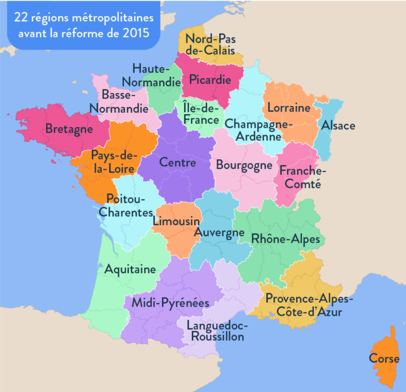 une carte des vingt-deux régions de la France